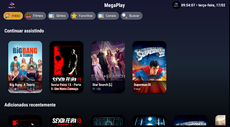 Tela inicial do MegaPlay na TV