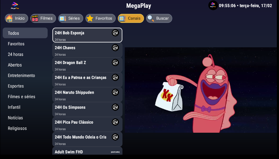 Player do MegaPlay em uma TV Android